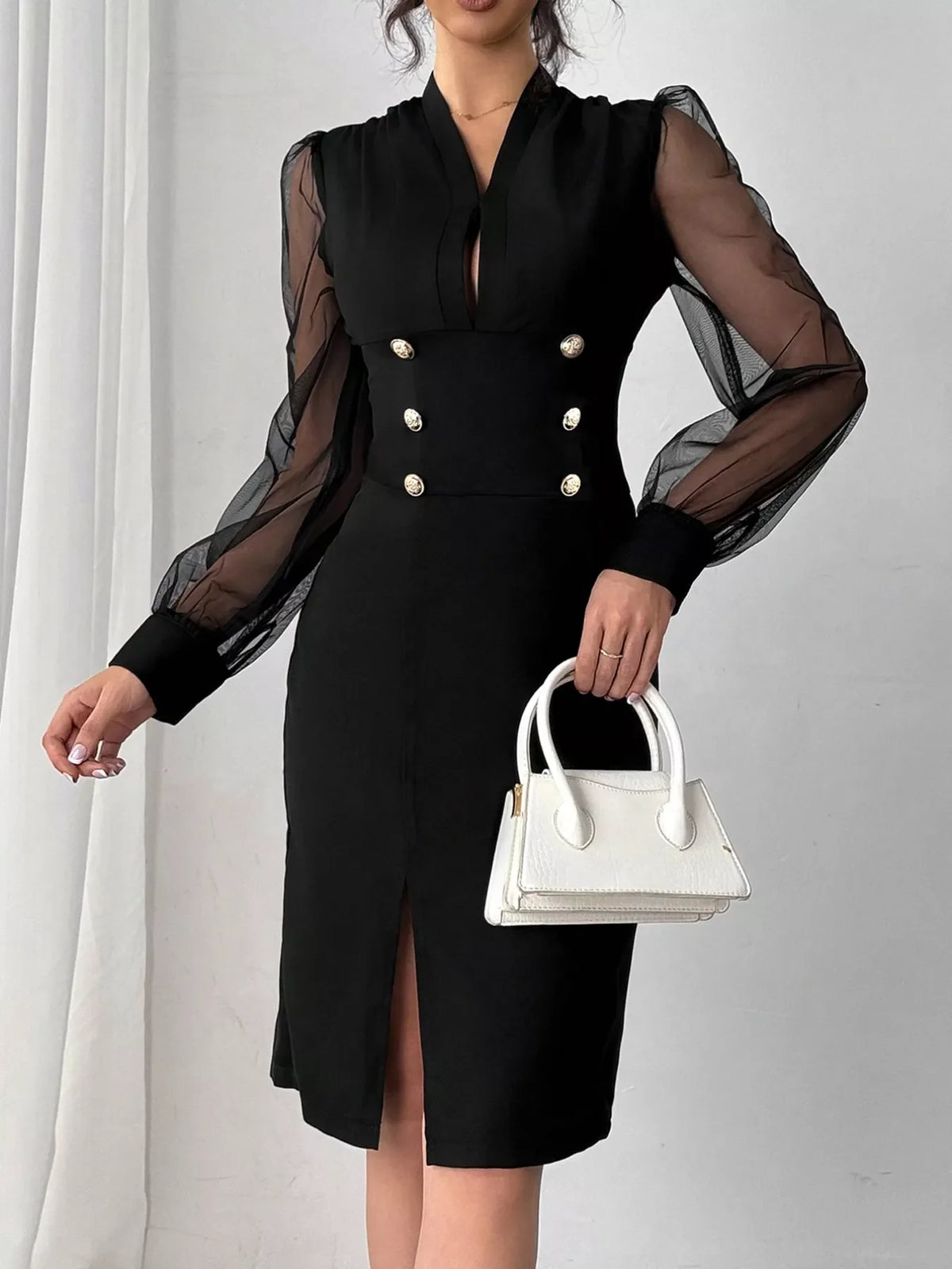 Slit Front Sheer Sleeve Dress