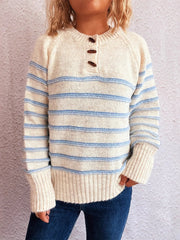 Button-Accent Striped Long Sleeve Knit Sweater