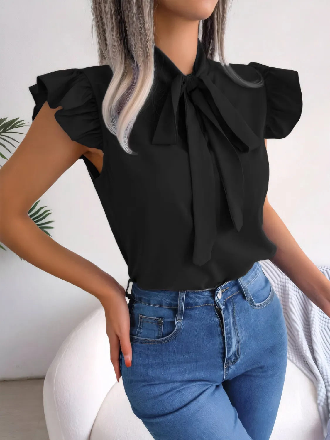 Ruffled Tie Neck Cap Sleeve Blouse