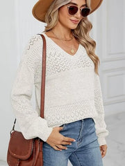 Cozy Eyelet Knit V-Neck Long Sleeve Sweater â€?Chic & Feminine Style