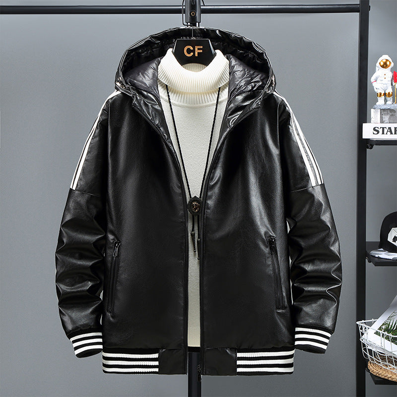 Winter Three Bars Hooded Leather Coat Men