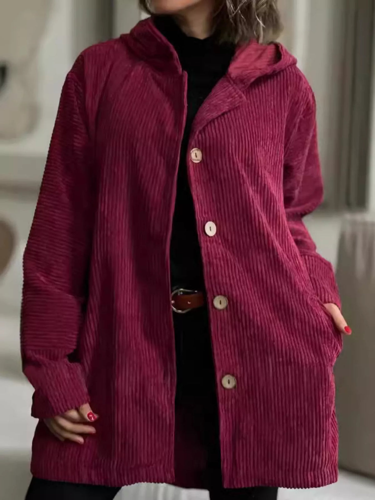 Full Size Corduroy Hooded Relaxed Fit Jacket Plus Size