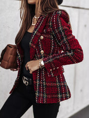 Plus Size Plaid Tweed Double-Breasted Blazer Jacket