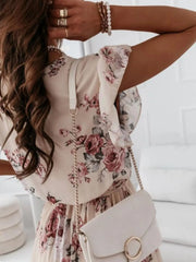 Floral Surplice Ruffled Cap Sleeve Dress