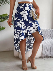 Floral Print Ruffle Hem Asymmetrical Skirt