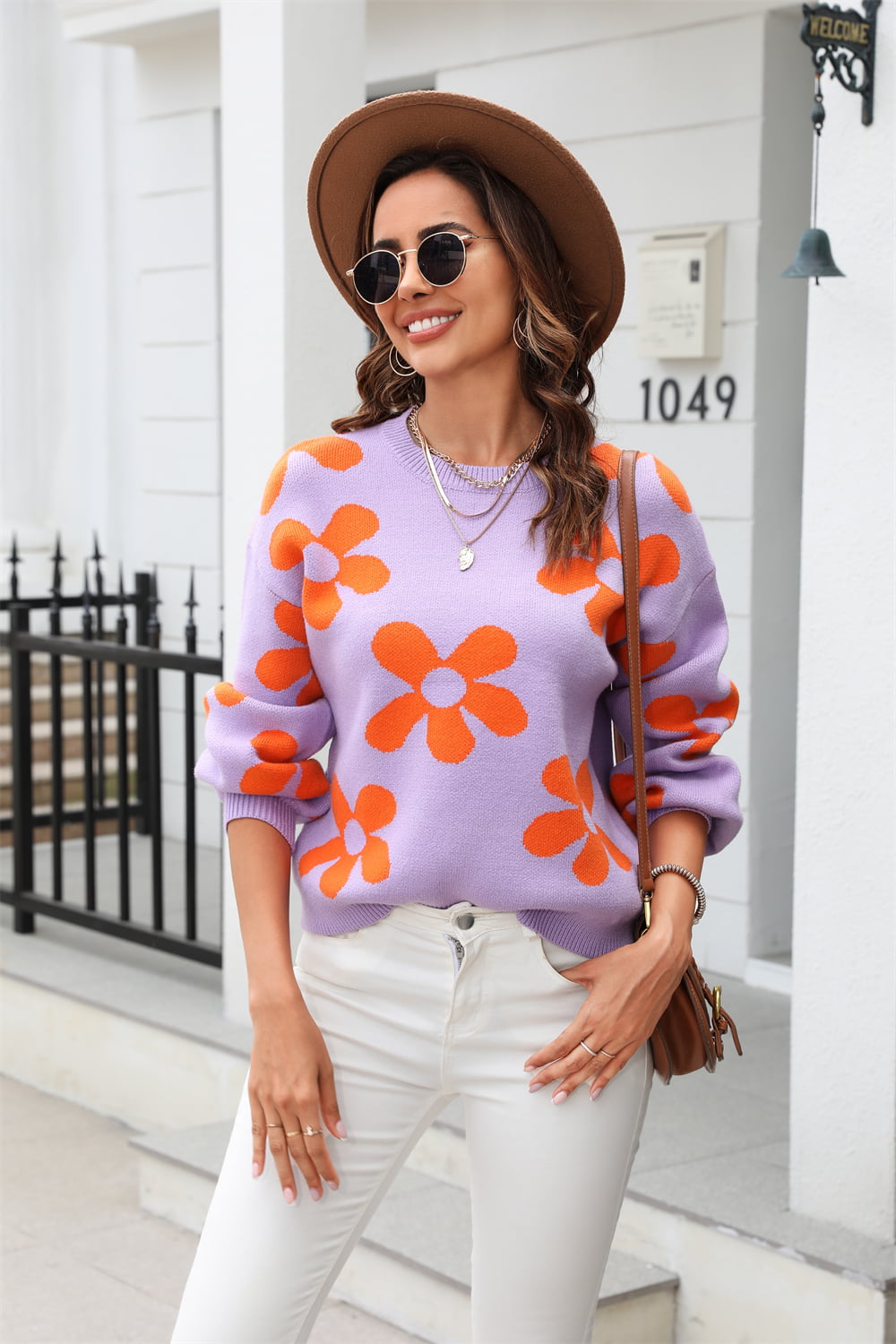 Angel Wings Floral Print Dropped Shoulder Round Neck Pullover Sweater