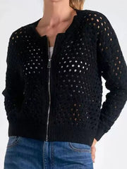 Full Size Zip Up Long Sleeve Cardigan with Eyelet Detail Plus Size