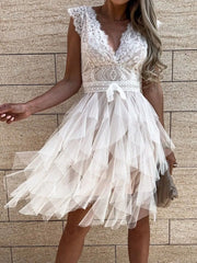 Lace V-Neck Ruffle Dress