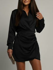 Collared Neck Long Sleeve Satin Dress