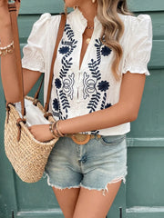 Embroidered Frill Notched Short Sleeve Blouse