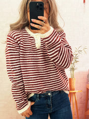 Striped Button Detail Long Sleeve Sweater