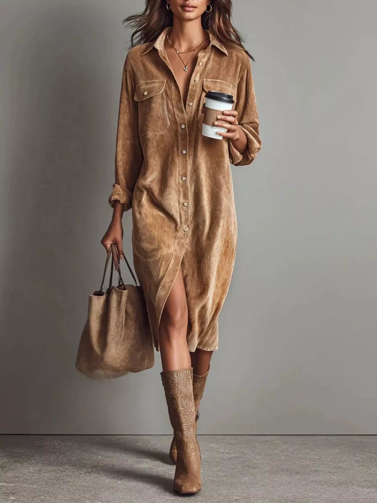 Corduroy Button-Down Midi Dress