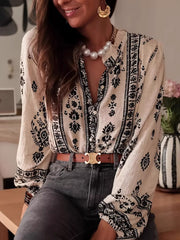 Vintage-Inspired Print Long Sleeve Button-Up Shirt