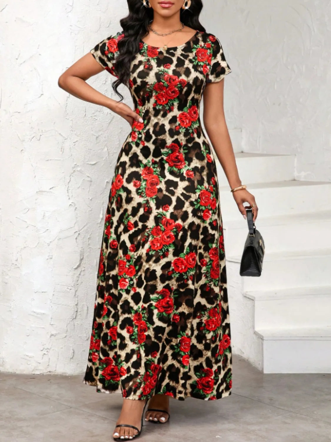 Printed Round Neck Short Sleeve Maxi Tee Dress