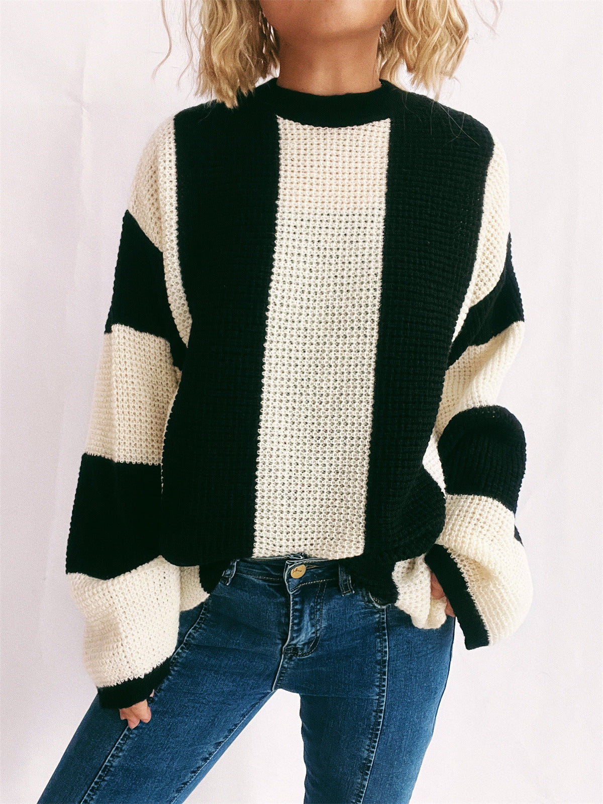 Color Block Round Neck Long Sleeve Sweater Stripes