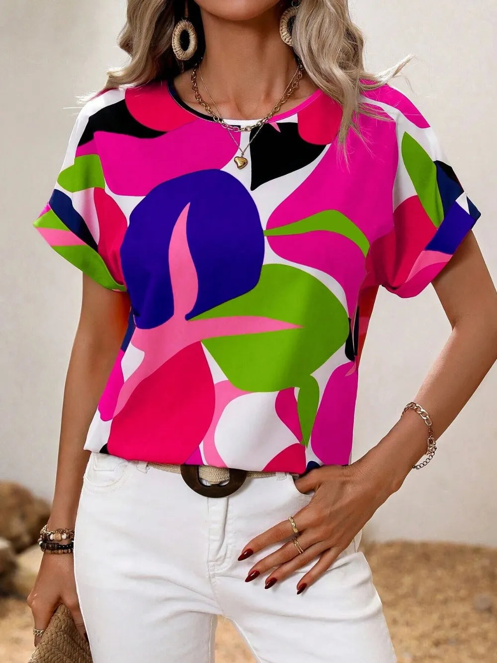 Two-Tone Round Neck Short Sleeve Top