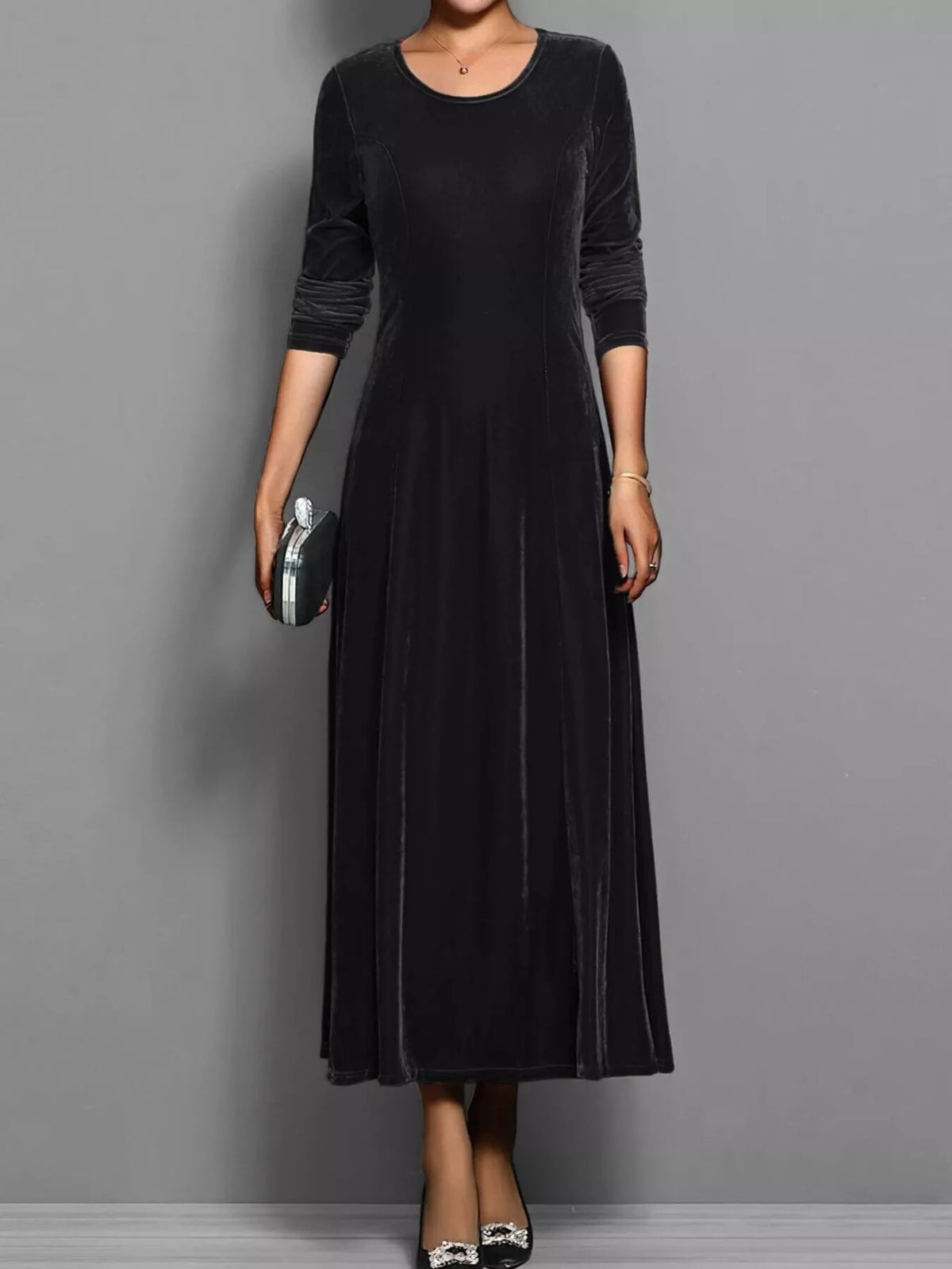 Elegant Velvet Long Sleeve Fit & Flare Dress