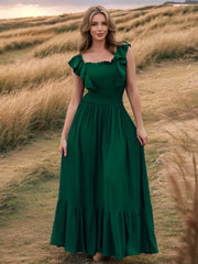 Ruffled Smocked Square Neck Maxi Dress