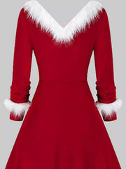 Fuzzy Trim Long Sleeve Christmas Dress