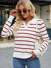 Women's Preppy Striped Knit Sweater with Johnny Collar â€?Long Sleeve Pullover