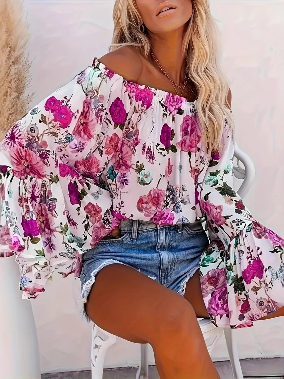 Full Size Floral Off-Shoulder Bell Sleeve Blouse Plus Size