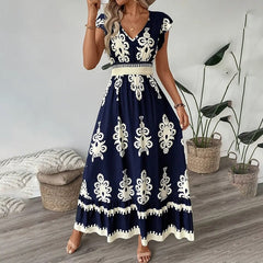 Women's Summer Flowy Maxi Dress Casual Cap Sleeve V Neck Smocked Waist Beach Sundress-FREE USA SHIPPING