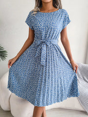 Floral Print Pleated Midi Dress with Belt
