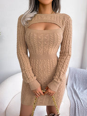 Autumn And Winter Sexy Hollow-out Cable-knit Waist-cinching Bodycon Sweater Dress