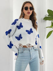 Distressed Butterfly Cropped Sweater