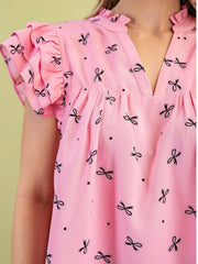 Notched Ruffled Cap Sleeve Blouse