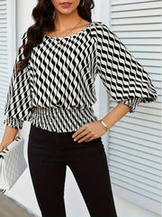 Geometric Print Lantern Sleeve Smocked Waist Blouse