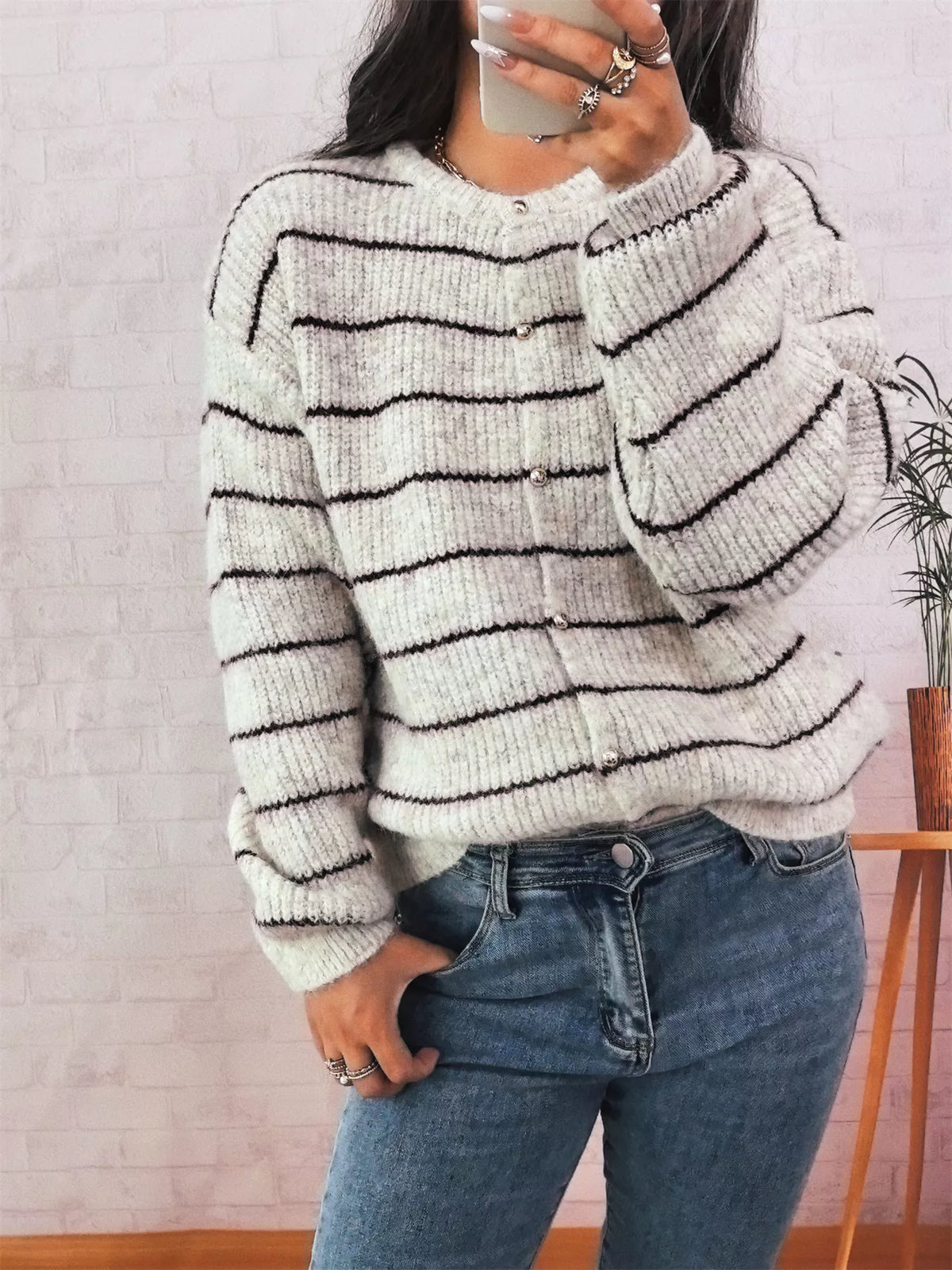 Striped knit button-front long sleeve cardigan