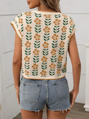 Flower Round Neck Short Sleeve Knit Top