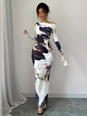 Floral One Shoulder Long Sleeve Maxi Dress