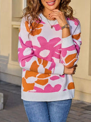 Cozy Floral Crew Neck Long Sleeve Sweater