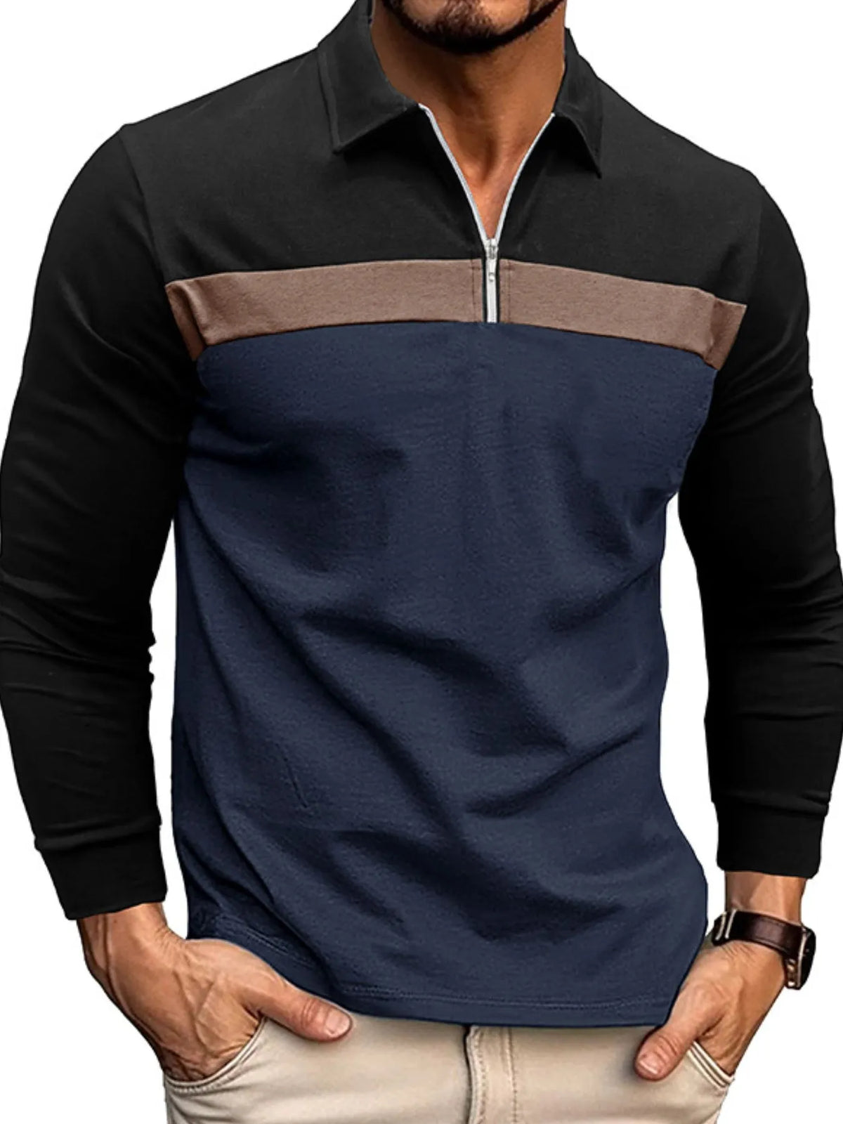 Men's Long Sleeve Color Block Polo Shirt