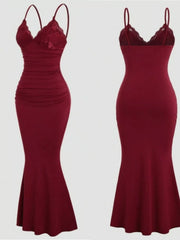 Lace Trim Ruched Mermaid Dress