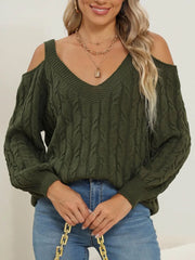 Textured Cable-Knit V-Neck Knit Sweater