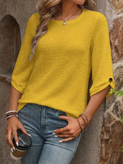 Waffle-Knit Round Neck Knit Top