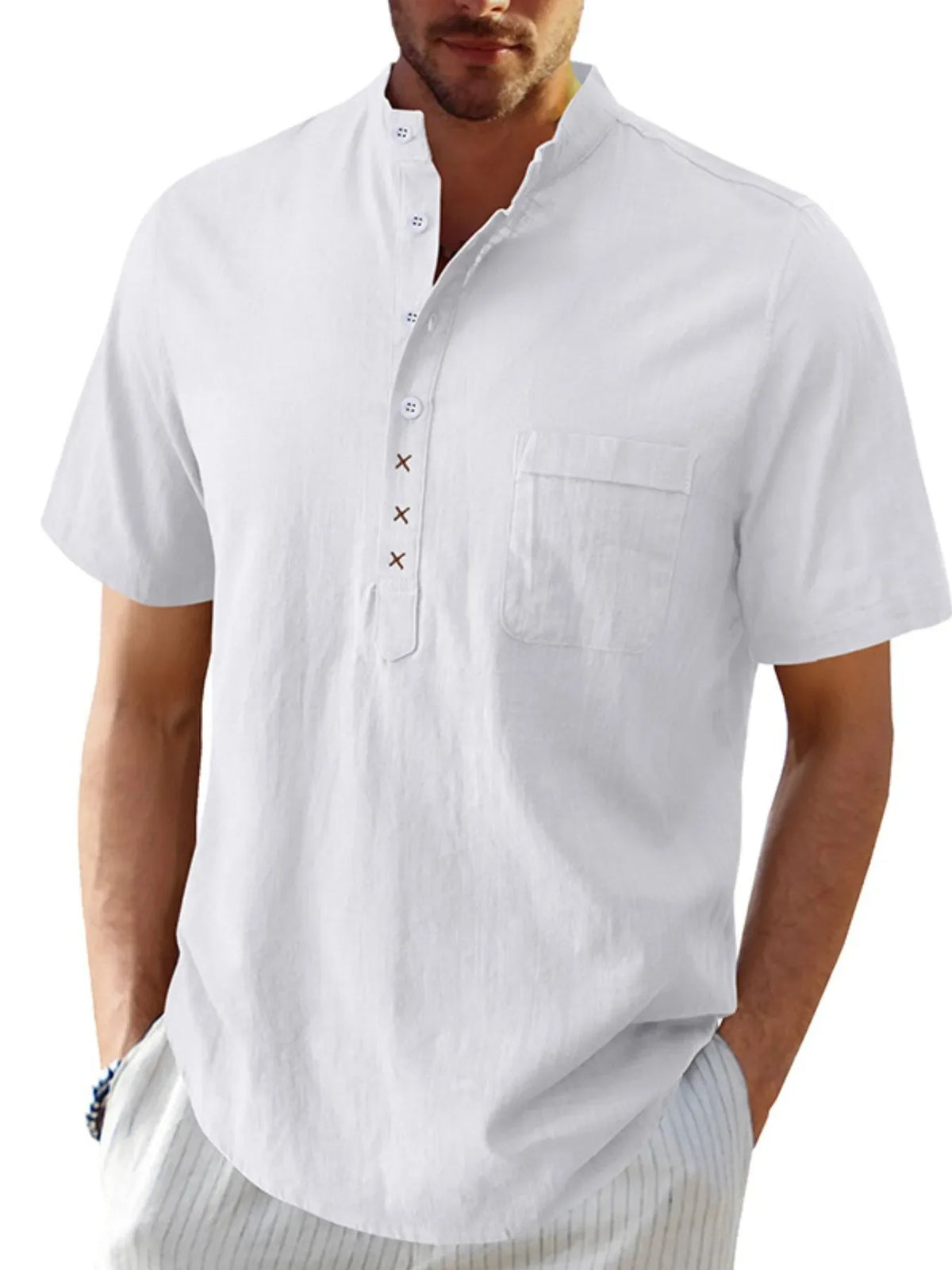 Men's Casual Collar Short Sleeve Linen Polo Shirt