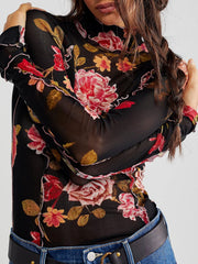 Elegant Floral Mock Neck Long Sleeve Top