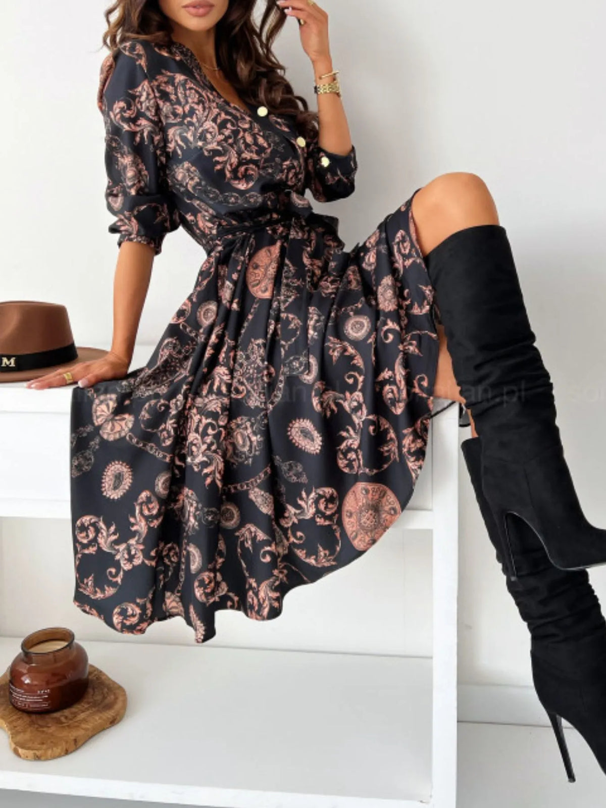 Printed Tie Waist Midi Dress