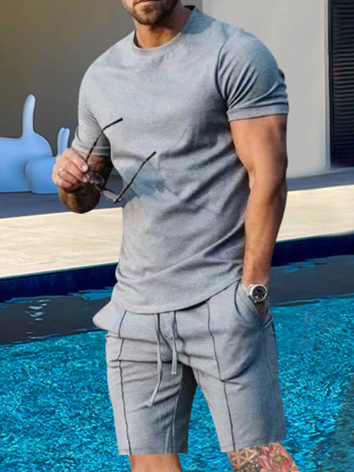 Men's Plus Size Minimalist Crew Neck Tee and Shorts Set