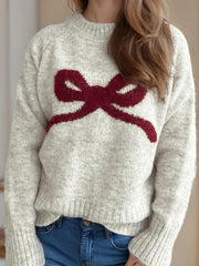 Bow Detail Round Neck Long Sleeve Knit Sweater