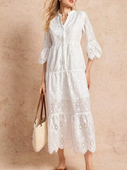 Eyelet Notched Tiered Midi Dress