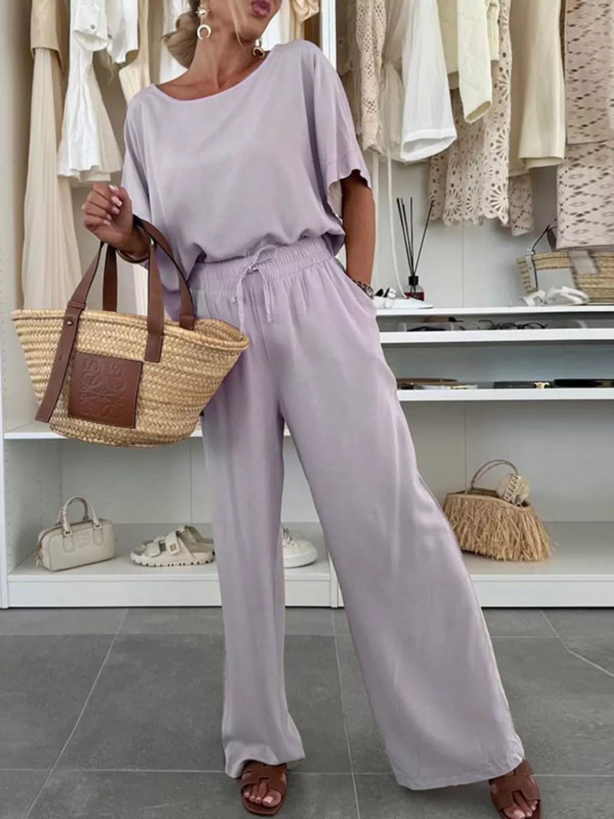 Full Size Casual Loose Round Neck Top and Pants Two-Piece Set Plus Size