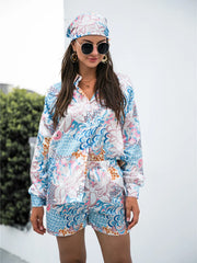 Printed Button Up Long Sleeve Shirt and Shorts Set