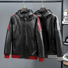 Winter Three Bars Hooded Leather Coat Men