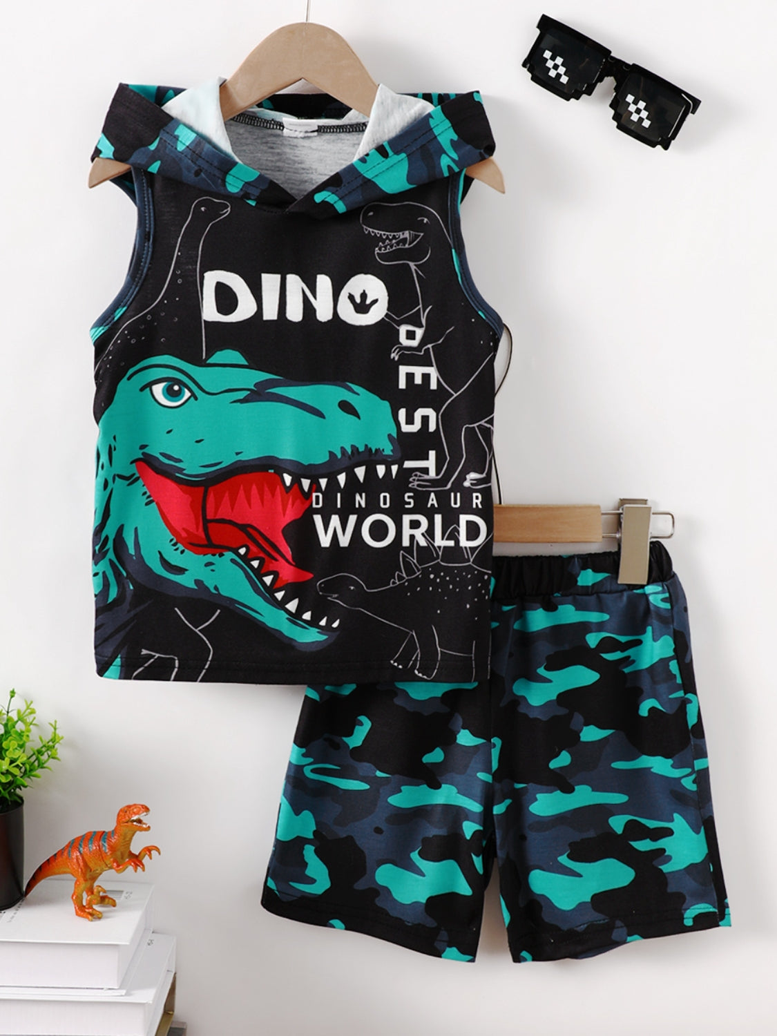 Children's Dinosaur Sleeveless Hooded Top and Pants Set