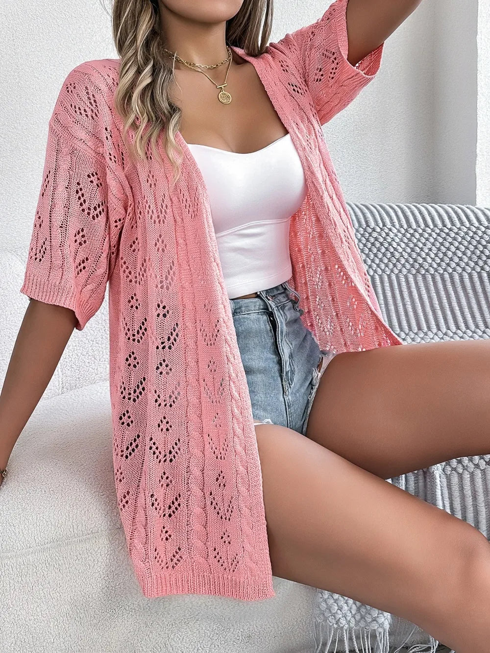Lightweight Openwork Knit Cardigan â€?Breezy Half Sleeve Layering Piece